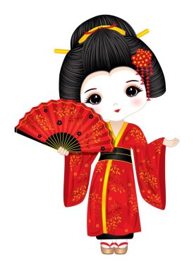 Güzel geyşa kırmızı uzun kimono giyiyor, sandalet ve tahta yelpaze alıyor. Geyşa vektör illüstrasyonu