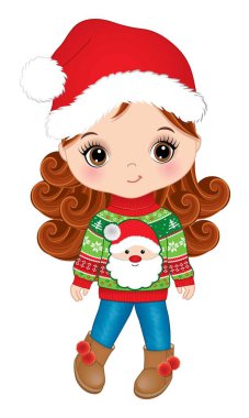 Noel süveteri ve Noel Baba şapkası giyen tatlı bir kız. Küçük kız kızıl saçlı, uzun kıvırcık saçlı ve ela gözlü. Noel kızı vektör illüstrasyonu