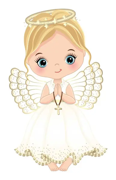 かわいい誕生の天使が十字架を握っています 長い白いドレスとエンジェルハローリングを着ている少女 小さな女の子は青い目をしたブロンドです クリスマスエンジェルベクターイラスト ストックイラスト