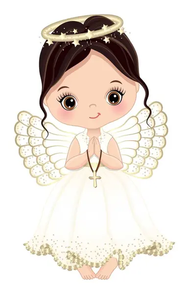 かわいい誕生の天使が十字架を握っています 長い白いドレスとエンジェルハローリングを着ている少女 小さな女の子はヘーゼルの目で暗い髪をしている クリスマスエンジェルベクターイラスト ストックイラスト