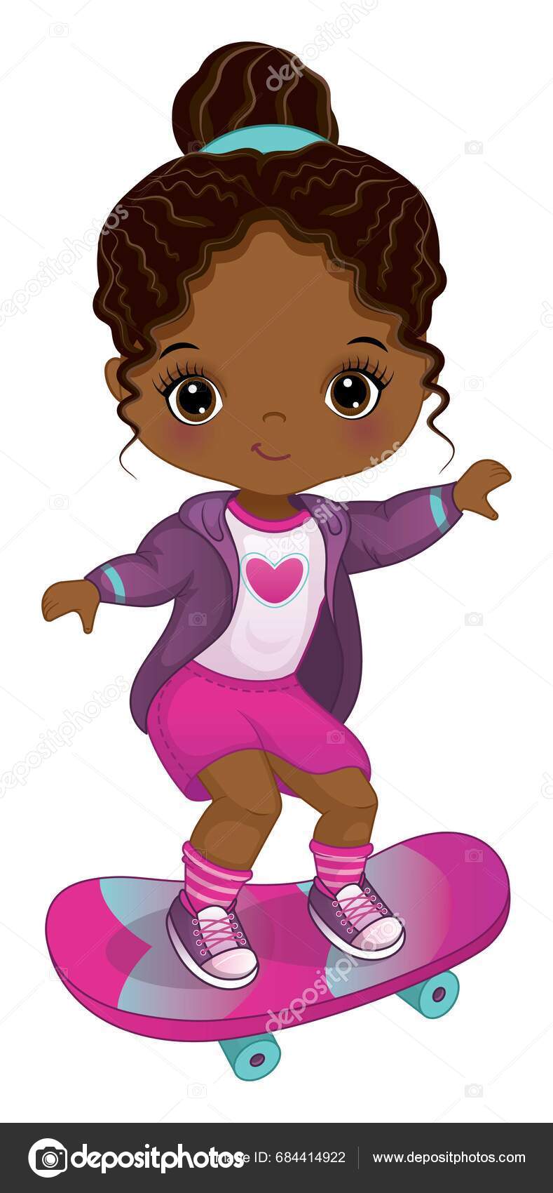 Cute Black Girl Wearing Pink Purple Sport Uniform Skateboarding Little ...