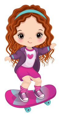 Pembe ve mor spor üniformalı şirin kız kaykay yapıyor. Küçük kız kıvırcık saçlı, uzun saçlı ve ela gözlü. Kaykay vektörü illüstrasyonundaki kız
