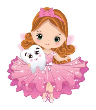 Diş tutan pembe fırfırlı elbise giyen sevimli bir diş perisi. Küçük peri kızıl saçlı, uzun kıvırcık saçlı ve yeşil gözlü. Diş perisi çizimi