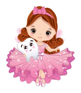 Diş tutan pembe fırfırlı elbise giyen sevimli bir diş perisi. Küçük peri kızıl saçlı, uzun kıvırcık saçlı ve ela gözlü. Diş perisi çizimi