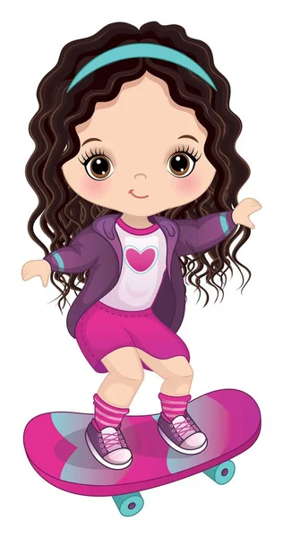 ピンクと紫色のスポーツユニフォームのスケートボードを着ているかわいい女の子 小さな女の子は カーリー ロングヘア ヘイゼルの目で暗い髪をしています スケートボードベクトルイラスト ストックベクター