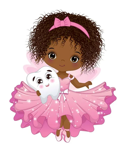 かわいいアフリカ系アメリカ人の歯の妖精は ピンクのラッフルドレスと歯を保持するヘッドバンドを着ています ブラックフェアリーはカーリー トゥースフェアリーベクターイラスト ロイヤリティフリーストックベクター