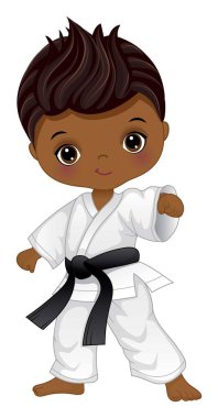 Tatlı afro çocuk karate yapıyor. Siyah kuşaklı beyaz kimono giyen küçük Afrikalı Amerikalı çocuk. Karate siyahi çocuk vektör illüstrasyonu