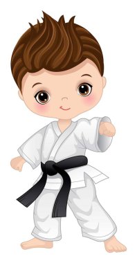 Sevimli, karate yapan küçük bir çocuk. Küçük çocuk ela gözlü esmer bir çocuk. Siyah kuşaklı beyaz kimono giyen bir çocuk. Karateci çocuk vektör çizimi
