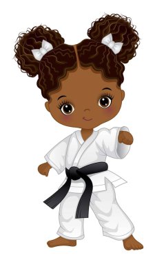 Cute black girl practicing karate. Little African American girl with two buns. Afro girl wearing white kimono with black belt. Karate girl vector illustration clipart