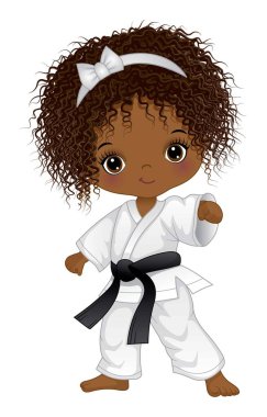 Sevimli siyah kız karate yapıyor. Küçük Afrikalı Amerikalı kız kıvırcık. Siyah kuşaklı beyaz kimono giyen Afro kız. Karate kızı vektör illüstrasyonu