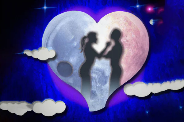 graphic illustration of a heart with moons background and two lovers