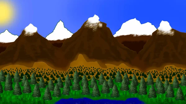 Graphic Illustration Mountain Landscape — Stock Photo, Image