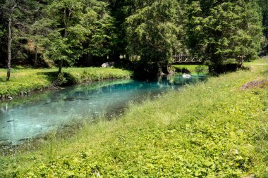 river with wooden bridge in the nambrone valley of trentino