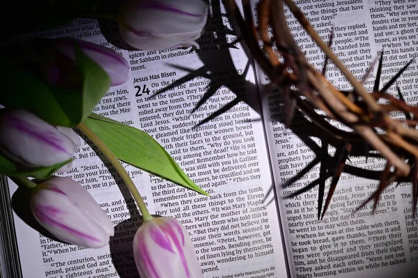 Primer Plano Corona Espinas Tulipanes Biblia Abierta — Foto de Stock
