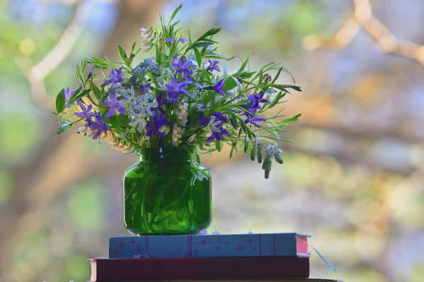 Spring Colorful Flowers Vase Books Window — Stock Photo, Image