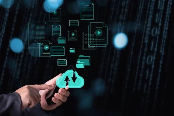 Business Man Hand Holding Cloud Technology Virtual Screen Access Sensitive Imágenes de stock libres de derechos