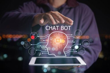 AI chat bot Chatbot Chat with AI, . man using tablet enter command prompt for generates something, Futuristic technology transformation