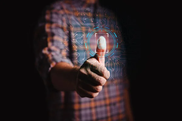 Чоловік Руки Великі Пальці Вгору Дотик Сканування Безпеки Друку Пальця Стокове Зображення