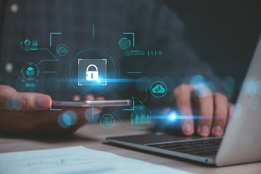 man using mobile phone Connect to information security system , Futuristic technology locked data cloud , manage files and document system