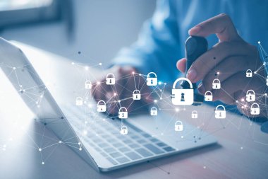 Sanal kilit ağı olan bir iş adamı siber güvenlik sistemine erişim izni ve dijital veri koruması için onay verdi.