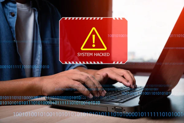 Man Using Laptop System Warning Hacked Alert Show Screen Hacker — Stock Photo, Image