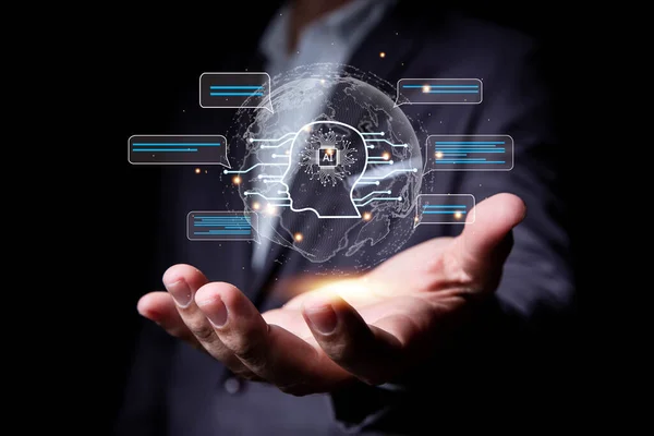 businessman hand shows artificial intelligence brain bot chat function on virtual screen , chat with robot for information , Futuristic technology transformation concept