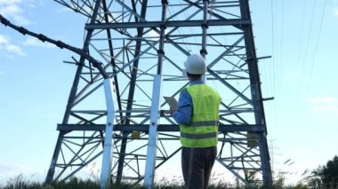 Beyaz bir miğfer ve yansıtıcı yelek içinde elinde tablet tutan bir enerji mühendisi bir elektrik kulesi ve kablo gözlemliyor. Enerji mühendisi güvenilir güç dağılımını korumaya odaklanıyor..