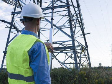 Beyaz kasklı ve yansıtıcı yelekli enerji mühendisi bir elektrik kulesi ve kabloları inceliyor. Enerji mühendisi elektrik şebekesinin güvenilirliğini ve güvenliğini, verimli enerji yönetimine olan bağlılığını güvence altına alıyor.