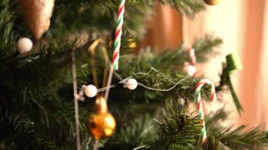 İnsanlar noel ağacını parlak kahverengi mücevherlerle süslüyor festival atmosferini güçlendiriyor Noel ağacı Noel ruhuyla parlıyor, Noel ağacını Noel ağacının en önemli parçası yapan süslemelerle çevrelenmiş. 