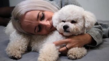 Sarışın kadın gri bir battaniyeye uzanıyor. Sıcak ve sevgi dolu Bizon friz köpeğine nazikçe sarılıyor. Güçlü dostluklarını vurguluyor.. 
