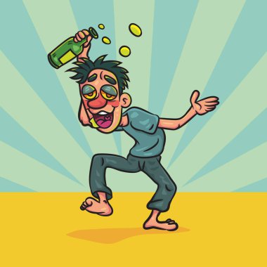 Şişe dansı yapan komik sarhoş adam. Komik jest karikatürleri. Sarhoş bir adam partiden zevk alıyor. vektör stoku illüstrasyonu.  