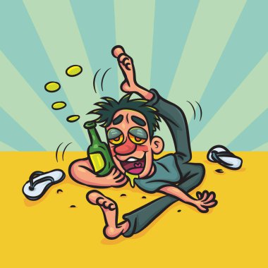 Yerde yatan komik sarhoş adam. Komik jest karikatürleri. Sarhoş bir adam partiden zevk alıyor. vektör stoku illüstrasyonu.  