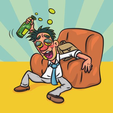 Yerde yatan komik sarhoş adam. Sarhoş bir adamın komik jest karikatürleri. vektör stoku illüstrasyonu.  