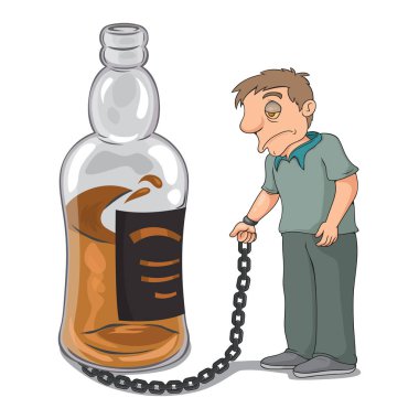 İçkiye zincirlenmiş sarhoş bir adam. Alkolü azaltma ya da bırakma kavramı, alkol bağımlılığı. Vektör illüstrasyon çizgi filmi.