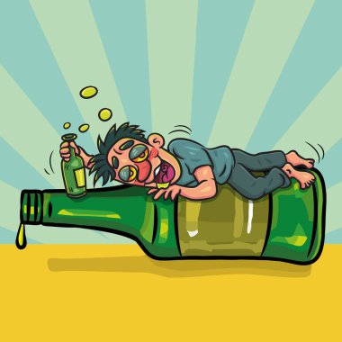 Büyük Şişe Likörlü Mutlu Sarhoş Adam. Sarhoş bir adamın komik jest karikatürleri. vektör stoku illüstrasyonu.   