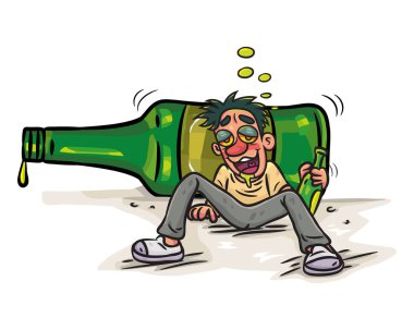 Büyük Şişe Likörlü Mutlu Sarhoş Adam. Sarhoş bir adamın komik jest karikatürleri. vektör stoku illüstrasyonu.   