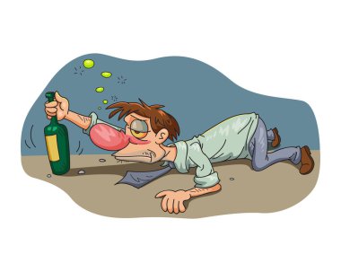 Dışarıdaki kaldırımda yatan sarhoş adam sarhoş bir adamın komik bir karikatürü. Çizim vektörü karikatürü.