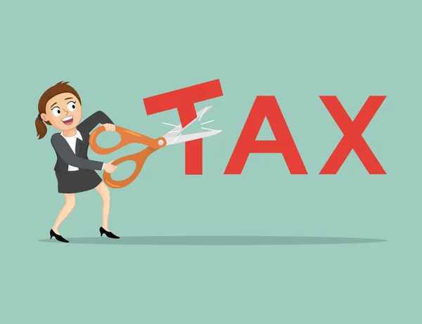 Businesswoman Scissors Cutting Big Tax Letter Illustration Vector Cartoon — Stock Vector