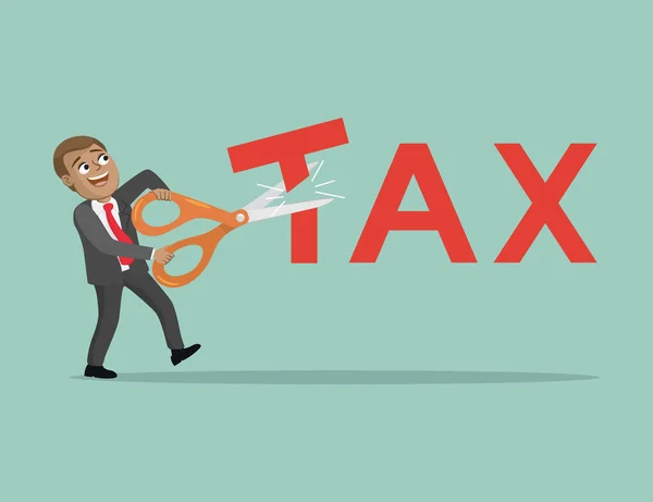 Cartoon African Businessman Scissors Cutting Big Tax Letter Illustration Vector — Stock Vector