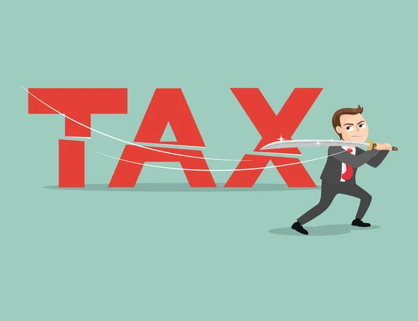 Businessman Cut Big Tax Letter Sword Illustration Vector Cartoon — Stock Vector