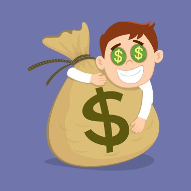 Dolar gözlü, para çantasına sarılan komik açgözlü iş adamı. Dolar gözlü adam konsepti. Çizim vektörü karikatürü.