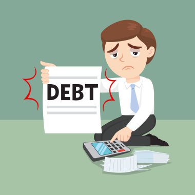 Çaresiz ve stresli bir iş adamı, elinde borç kağıdı tutarken endişeli. Çizim vektörü karikatürü.