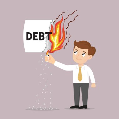 Karakter sahibi iş adamı elinde daha hafif bir borç kağıdı tutuyor. Çizim vektörü karikatürü.