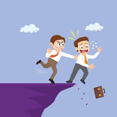   İş adamı, erkek ortağı uçurumdan aşağı itiyor. İş sahtekarlığı. Düz, Vektör, İllüstrasyon, Çizgi film, EPS10.   