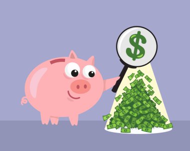 Cartoon piggybank using magnifying glass to find money. Add money to your wallet. Business Finance. Flat, Vector, Illustration, Cartoon, EPS10.   