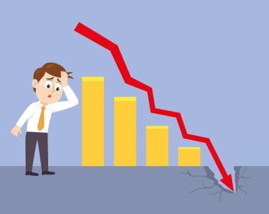 Business man graph falling down. Business crisis, Bearish trend on financial market. Flat, Vector, Illustration, Cartoon, EPS10.   