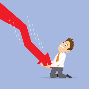Business man graph falling down. Business crisis, Bearish trend on financial market. Flat, Vector, Illustration, Cartoon, EPS10.   
