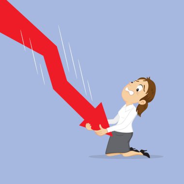 Business man graph falling down. Business crisis, Bearish trend on financial market. Flat, Vector, Illustration, Cartoon, EPS10.   