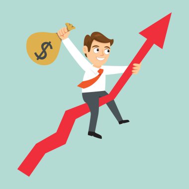 İş adamı Para Aracı Grafiği Hazırladı. Para oku konsepti. Düz, Vektör, İllüstrasyon, Çizgi film, EPS10.  