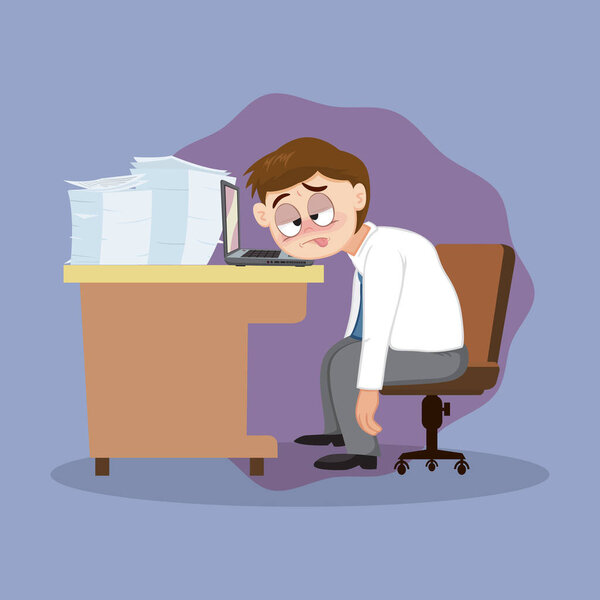 Работник мужского офиса усердно работает на рабочем месте. Занятая концепция усталого офисного работника. Плоский, Вектор, Оранжевый, Мультфильм, S10.   